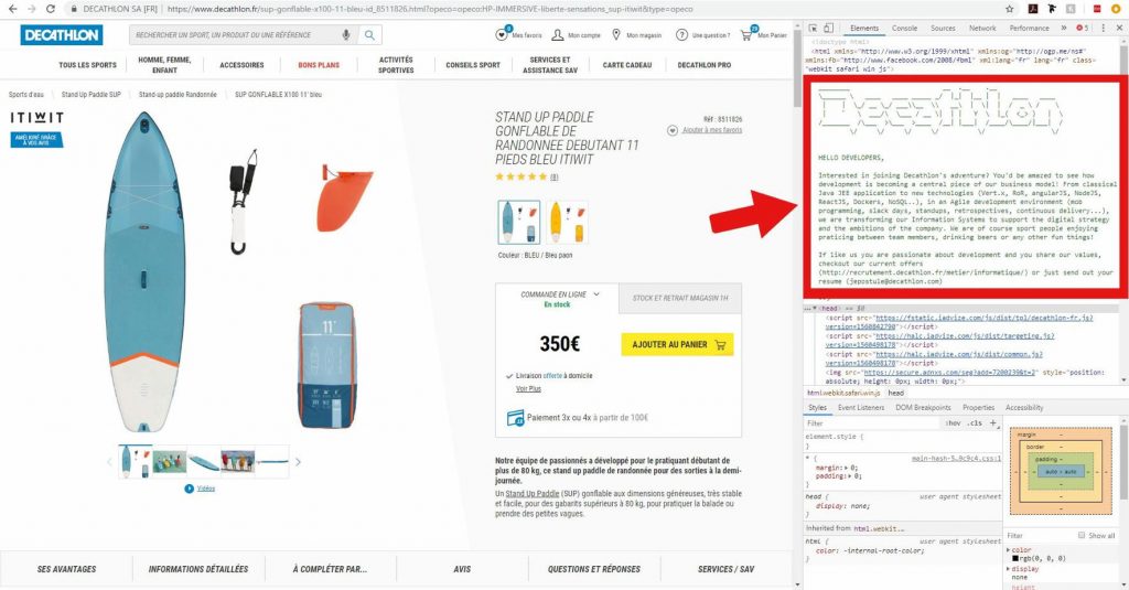 Annonce cachée pour des développeurs sur le site Decathlon