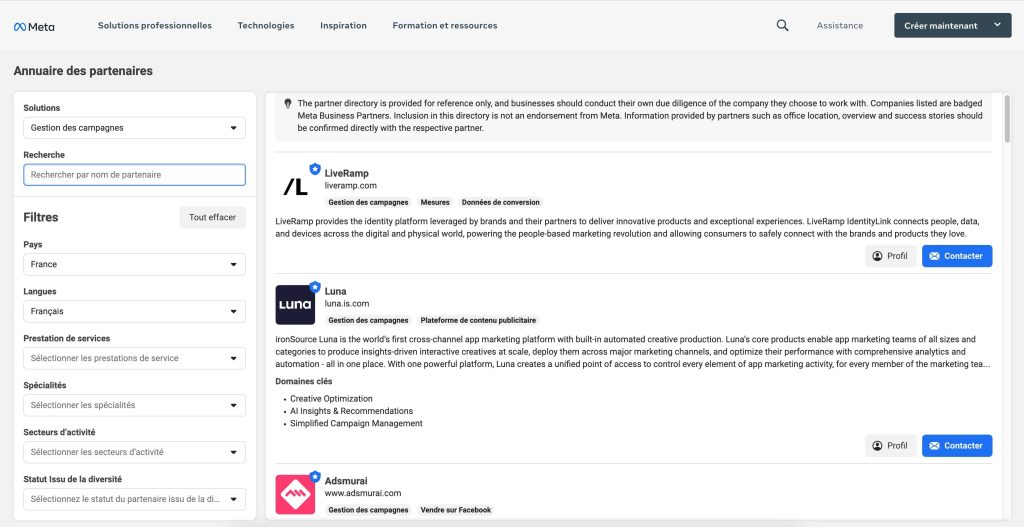 Annuaire des partenaires Meta