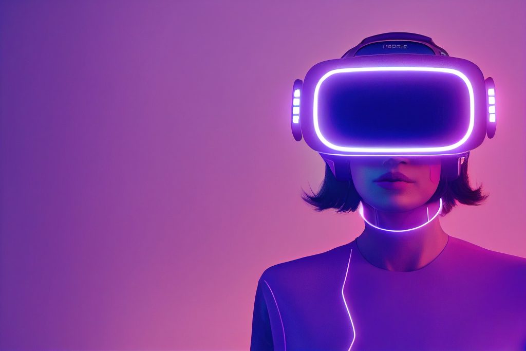 Femme qui porte un casque virtuel pour jouer à Horizon Worlds