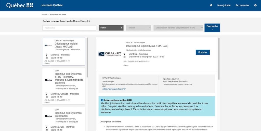 Plateforme emploi de l'opération "Journées Québec FRANCE"