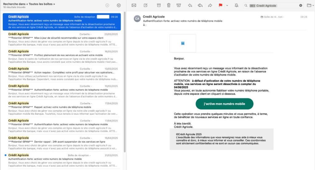 Screenshot de l'e-mail de phishing reçu, usurpant Crédit Agricole 